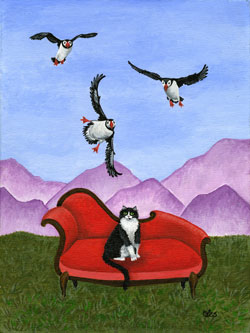 Original 12x16 framed painting: $500Reduced size print matted to fit 11x14 frame: $35 (limited edition of 50, signed and numbered)I had seen photos of puffins flying, and they looked so silly I knew I had to use them in a painting.