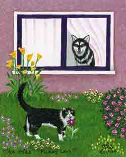 Original 8x10 framed painting: DONATED TO HOPALONG ANIMAL RESCUEReduced size print matted to fit 8x10 frame: $25 (limited edition of 50, signed and numbered)I used to live in a cottage in my landlords’ backyard. They had an Alaskan Malamute; their dog and my cat Ivan had to take turns in the yard.