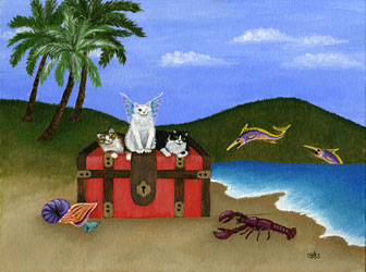 Original 12x16 framed painting: $500Reduced size print matted to fit 11x14 frame: $35 (limited edition of 50, signed and numbered)Esmeralda, Ivan and Fiona on a pirate’s treasure chest. They are the real treasure.