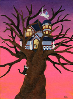 Original 12x16 framed painting: $500Reduced size print matted to fit 11x14 frame: $35Ivan climbs the tree while Fiona waits for him in the treehouse and Esmeralda flies overhead. This painting is an image I had in a dream after reading a magazine article about the treehouses of Irian Jaya the same day I went on a Victorian house tour.