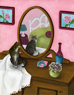 Original 11x14 framed painting: $500Reduced size print matted to fit 11x14 frame: $35This is Grace, who I lost to cancer in 2004. She loved to sit on the dresser and look at herself in the mirror.<