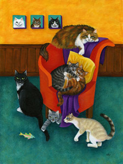 Original 12x16 framed painting: $600Reduced size print matted to fit 11x14 frame: $35This painting depicts my furry family at the time it was painted. Fiona is at the top of the chair, with Annabel and Tallulah in an embrace on the seat. Dominique has her back to the others, while Riley hides under the chair but reaches for her tail. Genevieve looks to see what will happen. The portraits on the wall are of Esmeralda, Grace and Ivan.