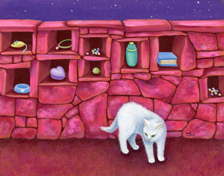 Original 8x10 framed painting: SOLD Reduced size print matted to fit 8x10 frame: $25. Angel’s Rest is the final resting place for more than 4,000 beloved animals, including residents of Best Friends Animal Sanctuary and pets of Best Friends Animal Society members. There are niches in the stone wall around the perimeter where visitors have placed mementos of their pets, such as photos, collars and toys. Visitors also place small polished stones on grave markers to honor the memory of those buried there. Filled with the soft music of wind chimes, Angel’s Rest is a serene and magical place to reflect on the love our animal companions provide.