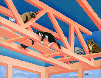 Original 11x14 framed painting: SOLD. Reduced size print matted to fit 11x14 frame: $35. Shy or feral cats don’t respond well in a traditional shelter environment, but most of the cat areas at Best Friends have rafters overhead where they can feel safe, keep a watchful eye on their surroundings, and interact at their own pace. A funny thing happened, though—some of these cats saw their more-outgoing roommates making positive connections with people, and decided to try it themselves! Given a little time and patience, many cats that had been considered feral have learned to seek out and enjoy human interaction.
