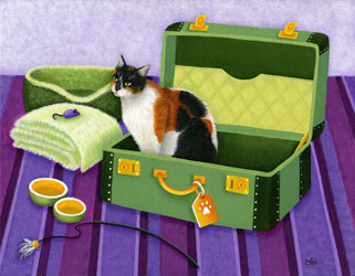 Original 11x14 framed painting: SOLD. Reduced size print matted to fit 11x14 frame: $35. Korky is quite the world traveler! She was born in Lebanon, and the shelter she lived in was in a war zone. Korky and her friends were in danger while volunteers risked their lives daily to care for them. In 2006, Best Friends answered a plea for help from Lebanon’s only animal welfare organization, evacuating 295 dogs and cats from Beirut. After a few years at the sanctuary, Korky found that she had one more voyage to make: the trip to her forever home!