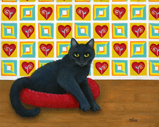 Original 8x10 framed painting: SOLD. Reduced size print matted to fit 8x10 frame: $25. Although both his back legs had been amputated after a serious injury, Scooter had a very important job: he was the official greeter at the veterinary office where his surgery had been performed. Unfortunately he lost that job when some of the clients found his appearance upsetting. But Scooter was not one to dwell on misfortune; he came to Best Friends where he was able to continue his career. He could scoot around the lobby of his building as fast as any four-legged cat, and his confidence and charisma won him many fans.