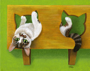 Original 8x10 framed painting: $250Reduced sized print matted to fit 8x10 frame: $25Weston is one of the biggest characters in Cookie’s Place, the area within Shadow Cats Rescue for cats who have Feline Leukemia. He's always in the center of the action, whether it's grooming the younger cats, playing a game, teaching kittens the finer points of bird watching, or clowning around posing for pictures. Life at the sanctuary seems to agree with him...maybe a little too much, as he’s filled out quite a bit and now weighs in at over sixteen pounds! A donation of $5 from the sale of this print will be donated to Shadow Cats Rescue in Round Rock, Texas. (Image of Weston based on a photo by David Murphy.)