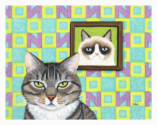 Original 8x10 framed painting: $250Reduced size print matted to fit 8x10 frame: $25This painting features my somewhat grumpy kitty Vivian, in front of a painting of the famous Internet meme, Grumpy Cat (aka Tardar Sauce). Note that the wallpaper design in the background spells out the word “No.”