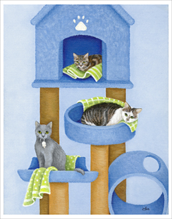 Original 11x14 framed painting: $500Reduced sized print matted to fit 11x14 frame: $35Dot, Sabrina and D’Artagnan (from top to bottom) are a bit different from most other cats. Dot has spina bifida, Sabrina is missing a leg, and D’Art is paraplegic. But there’s no need to feel sorry for them! They found their way to Tabby’s Place, a special cage-free sanctuary in Ringoes, New Jersey. While most of Tabby’s residents are perfectly healthy cats who were scheduled to die in public shelters, Tabby’s also serves as a safe haven for older, chronically ill, or handicapped cats. At Tabby’s Place, these cats are able to live full and happy lives with the medical care, love, and affection they deserve. Dot, Sabrina and D’Art might be considered “unadoptable” by some, but nothing could be further from the truth: all three have found homes with loving families! A donation of $5 from the sale of this print will be donated to Tabby’s Place. (Images of Dot, Sabrina and D’Artagnan based on photos by Lisa Redding.)