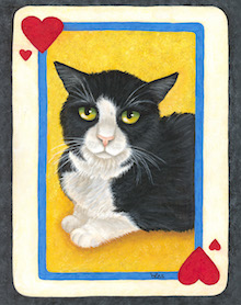 Original 8x10 framed painting: SOLD. Reduced size print matted to fit 8x10 frame: $25. Jill Williams’ 5-year-old son, JJ, had been asking for a kitty friend, so the family went to Best Friends Animal Sanctuary to adopt a kitten for their busy household, which included JJ’s 7-year-old brother, Harry, and three large dogs. Dexter was a frail, toothless 20-year-old cat who came to Best Friends after being rescued from a hoarding situation where he lived with 100 other cats. Something about Dexter prompted the family to abandon their plan to adopt a kitten and to bring him home instead. He immediately bonded with them, especially JJ and their 120-lb Malamute, Flora,. He spent two blissful years bringing joy to the Williams family before he passed away in 2016. As Jill says, “It’s never too late to save a life. There are so many great animals waiting to find their forever home in shelters across the country.” (Image of Dexter based on photos by members of the Williams family)