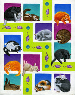 Original 8x10 framed painting: SOLD. Reduced size print matted to fit 8x10 frame: $25. The spacious and comfortable cat rooms at Best Friends have cubbies mounted on the walls where cats can sleep or just hang out and watch the action below. Still, no matter how great it is at the sanctuary, it’s not the same as having a real home. No More Homeless Pets is a nationwide movement to bring about a time when homeless, unwanted animals are no longer being destroyed in shelters, and when every dog or cat can be guaranteed a good life in a caring home. Best Friends has a variety of campaigns and programs focused on achieving this goal.