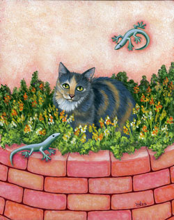 Original 8x10 framed painting: SOLD. Reduced size print matted to fit 8x10 frame: $25. Mystery was rescued from a so-called cat sanctuary in which hundreds of cats had to compete for even a minimal amount of food, water and shelter. The real mystery is how she survived—she has no teeth or claws! Some people don’t realize that declawing is extremely painful and involves amputating the last joint of each toe. The procedure is even outlawed in some countries as inhumane. Mystery is understandably a little fearful at times, but at Best Friends she’s slowly learning that it’s safe to let her personality shine.