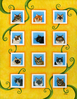 Original 11x14 framed painting: SOLD. Reduced size print matted to fit 11x14 frame: $35. Senior cats have a very special friend in Lee Van Camp. She’s been adopting older cats from Best Friends for several years. The cats in this painting—Vernon, Scarlett, Madonna, Princess, Nighttime, Antoinette, Ozzy, Cash, Samuel, Sammie, Babycakes and Ventura—all found a forever home with Lee, and all were over ten years old at the time of adoption. Some were even over 20 years old! Lee knows that older cats still have a lot of love to give and that they deserve a real home in their golden years.