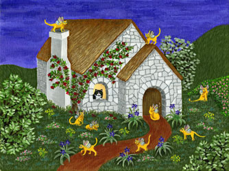 Fairy TailOriginal 12x16 framed painting: $500Reduced size print matted to fit 11x14 frame: $35 (limited edition of 50, signed and numbered)Ivan watching tiny feline fairies in the garden.